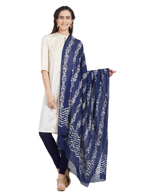 Dupatta Bazaar Woman's Cotton Indigo & Off White Block Printed Dupatta - Dupatta Bazaar