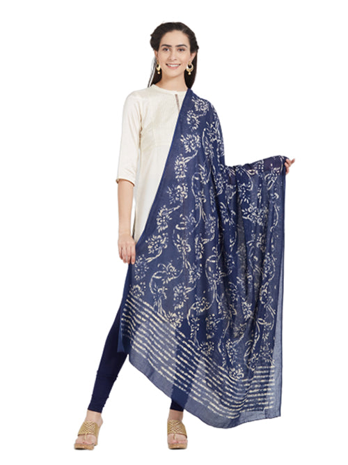 Dupatta Bazaar Woman's Cotton Indigo & Off White Block Printed Dupatta - Dupatta Bazaar