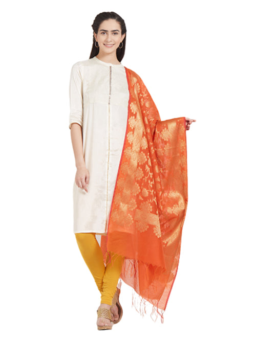 Dupatta Bazaar Woman's Orange & Gold Woven Banarasi Silk Dupatta - Dupatta Bazaar