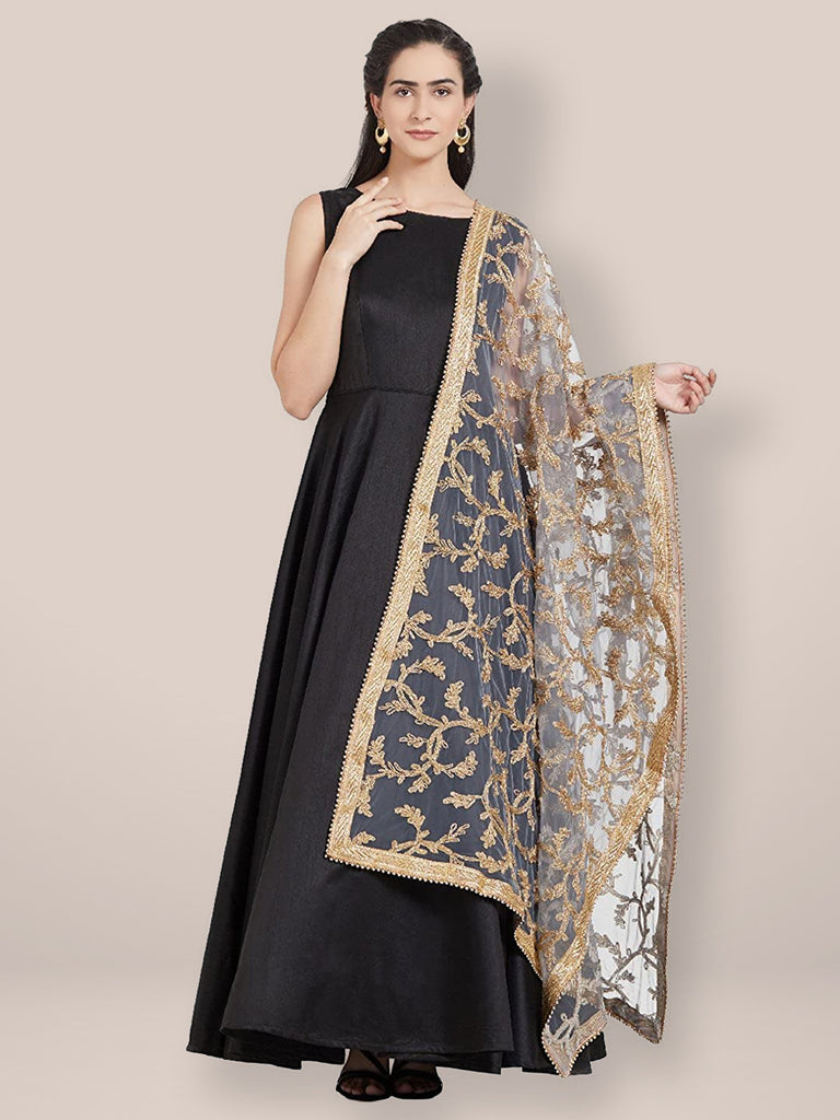Grey & Gold Embroidered Net Dupatta freeshipping - Dupatta Bazaar