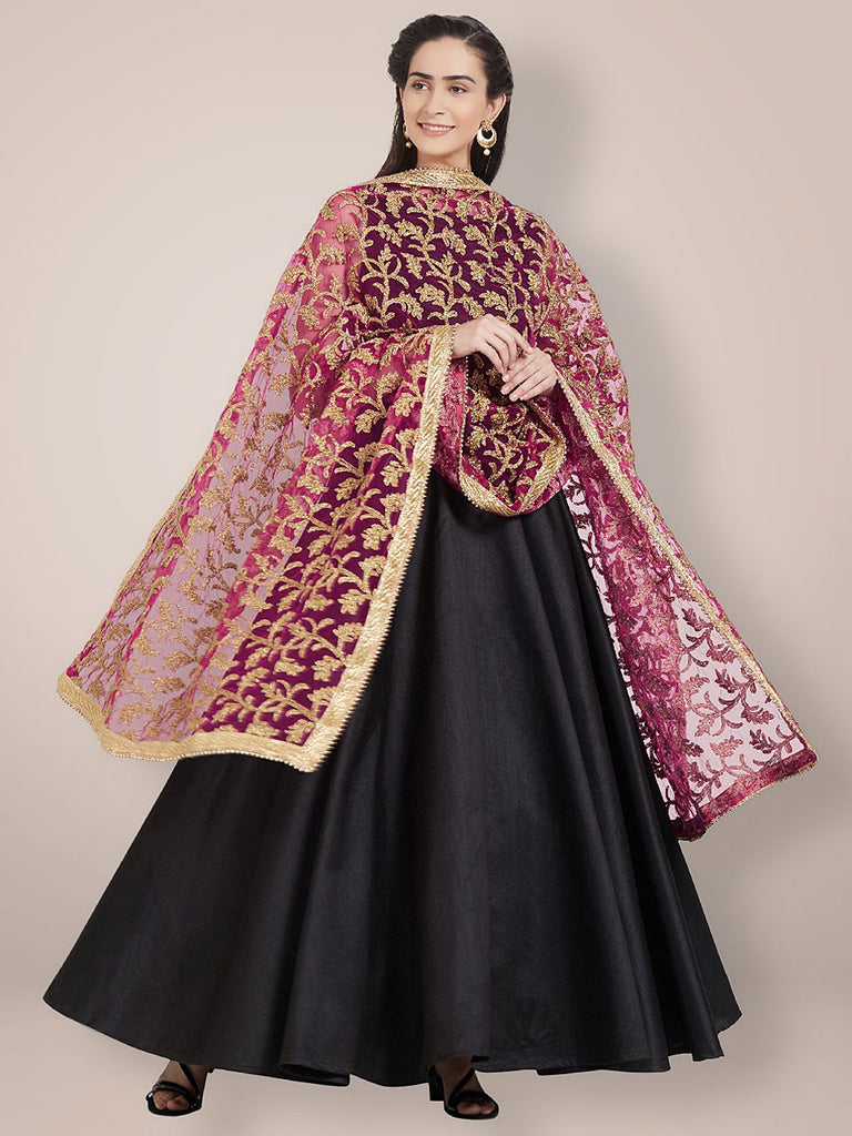 Pink & Gold Embroidered Net Dupatta freeshipping - Dupatta Bazaar