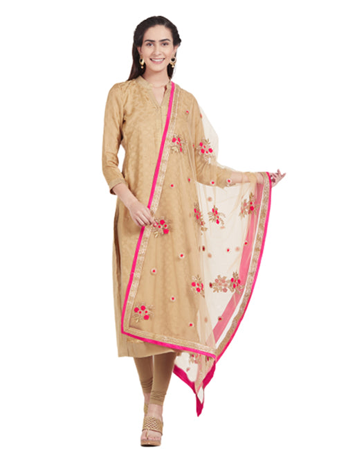 Dupatta Bazaar Woman's Beige & Multicolour flower Embroidered Net Dupatta - Dupatta Bazaar
