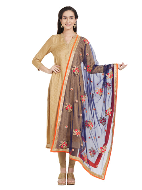 Dupatta Bazaar Woman's Blue & Multicolour flower Embroidered Net Dupatta - Dupatta Bazaar