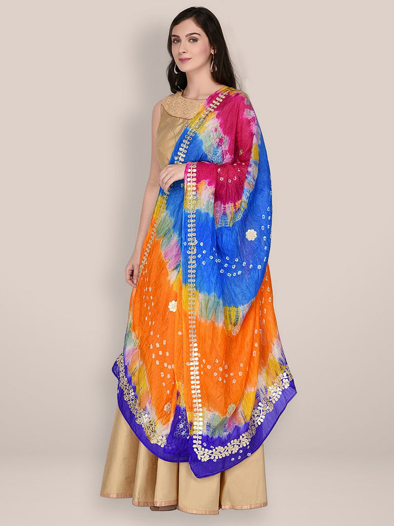 Multicoloured Bandhini Silk dupatta with Gotta Patti Work freeshipping - Dupatta Bazaar