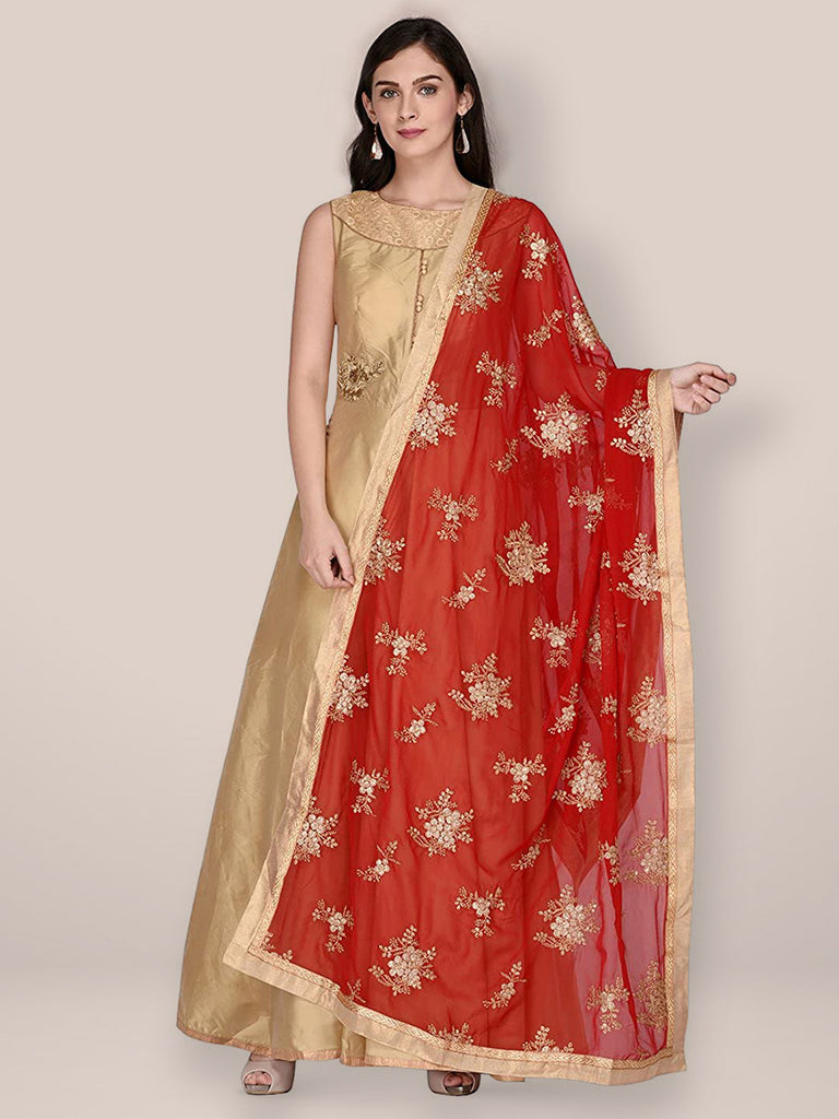 Georgette Red Dupatta with Gold Embroidery freeshipping - Dupatta Bazaar