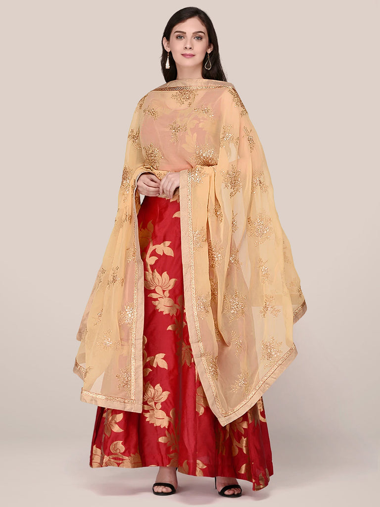 Beige Georgette Dupatta with Gold Embroidery freeshipping - Dupatta Bazaar