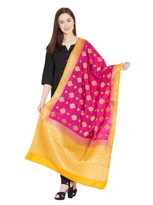 Dupatta Bazaar Woman's Pink & Orange Banarasi Silk Dupatta - Dupatta Bazaar