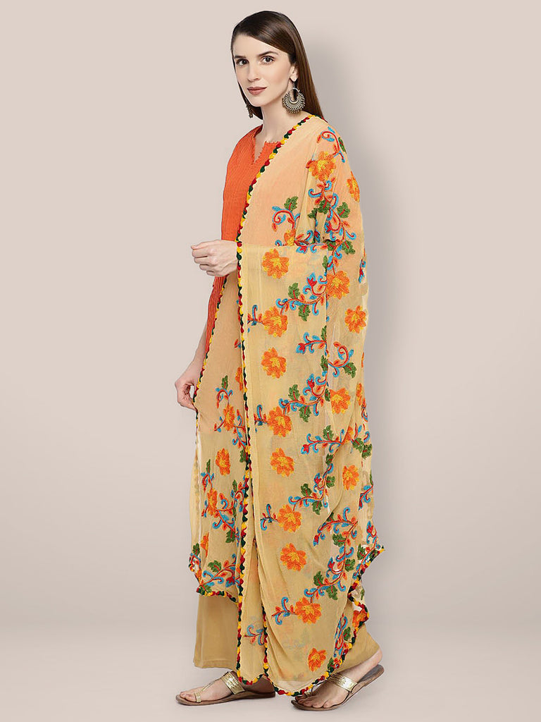 Beige & Multicoloured Embroidered Chiffon Dupatta freeshipping - Dupatta Bazaar