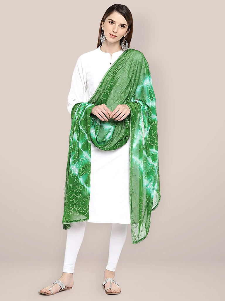 Green & White Embroidered Chiffon Dupatta freeshipping - Dupatta Bazaar