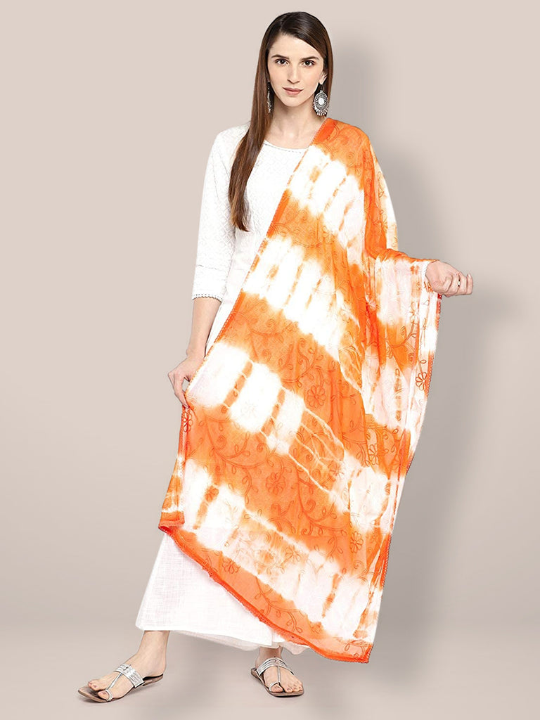 Orange & White Embroidered Chiffon Dupatta freeshipping - Dupatta Bazaar