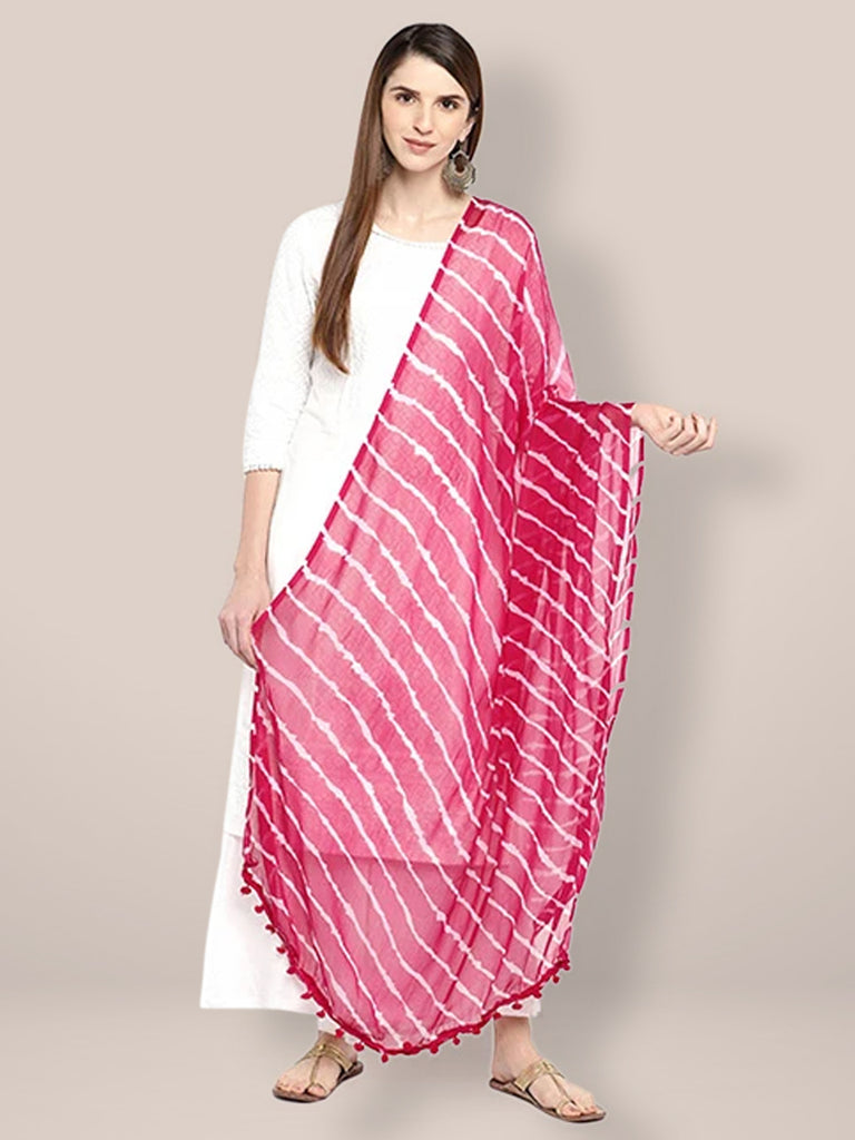 Pink & White Leheria Chiffon Dupatta freeshipping - Dupatta Bazaar