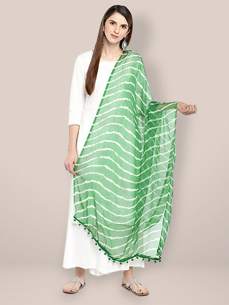 Green & White Leheria Chiffon Dupatta freeshipping - Dupatta Bazaar