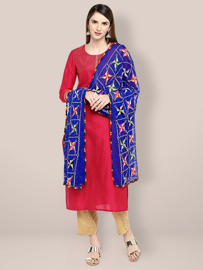 Blue & Multicoloured Chiffon Phulkari Dupatta. freeshipping - Dupatta Bazaar