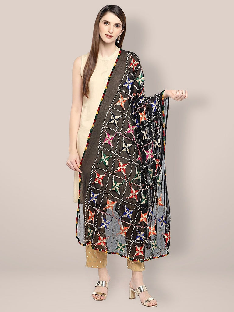 Black Chiffon  Phulkari Dupatta. freeshipping - Dupatta Bazaar