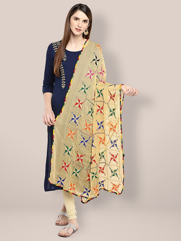 Beige Phulkari Chiffon Dupatta freeshipping - Dupatta Bazaar