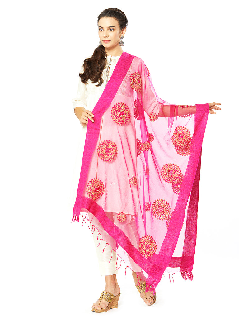 Dupatta Bazaar Woman's Pink Organza Dupatta with Embroidery. - Dupatta Bazaar