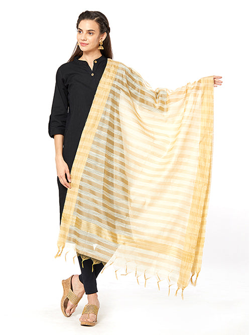 Dupatta Bazaar Woman's Striped Cotton Silk Dupatta in Beige - Dupatta Bazaar
