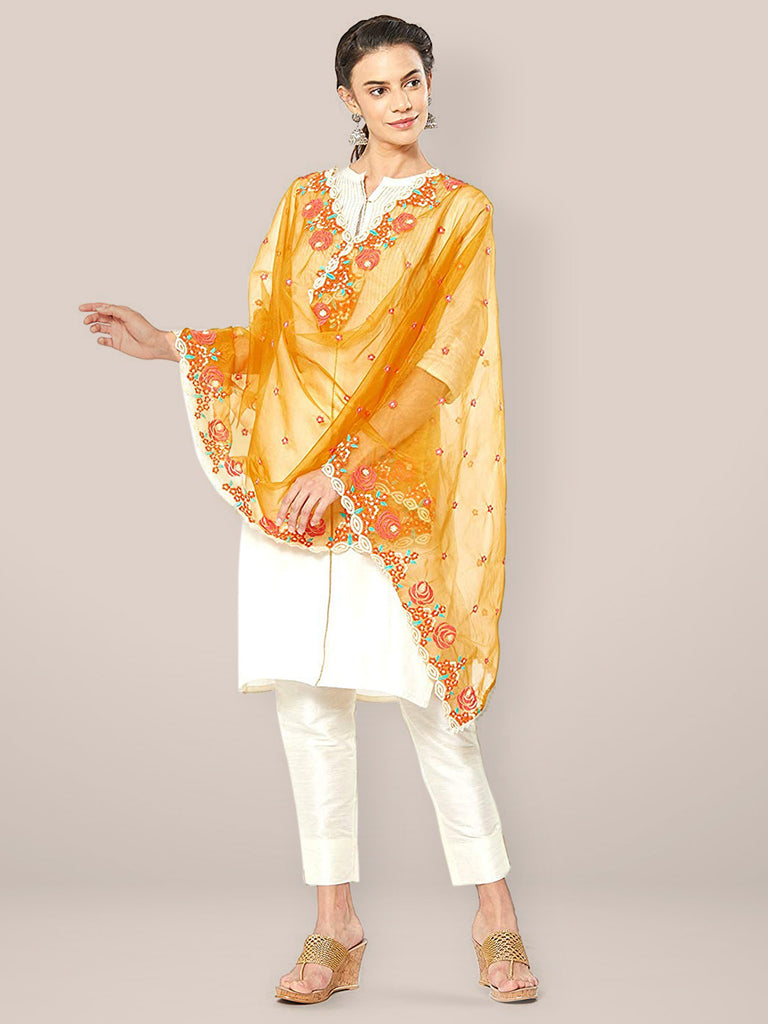 Yellow Mirror Embroidery Organza Dupatta main image 0