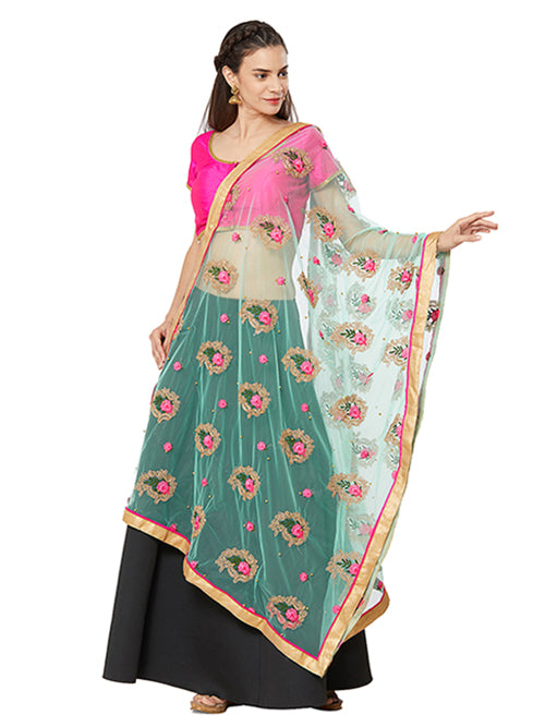 Dupatta Bazaar Woman's Sea Green Net Dupatta with Paisley Embroidery. - Dupatta Bazaar