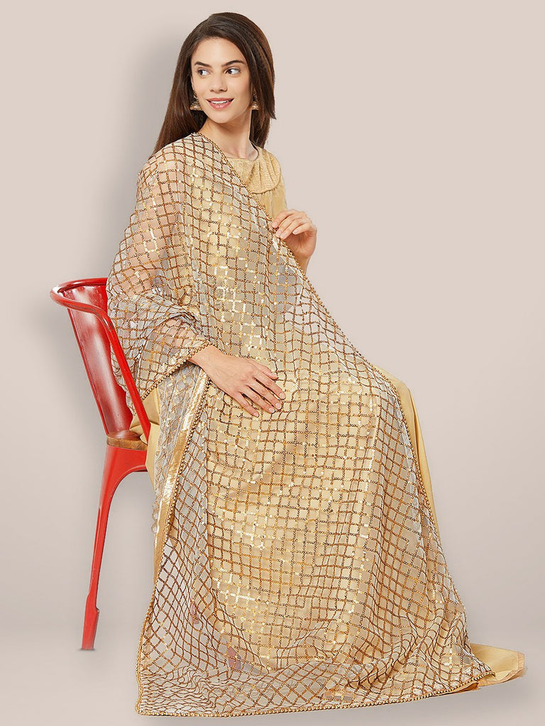 Grey Net Dupatta with Anitique gold sequence and Beads border freeshipping - Dupatta Bazaar