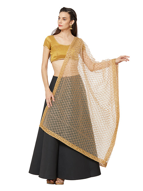 Dupatta Bazaar Woman's Gold Net with gold work and border. - Dupatta Bazaar