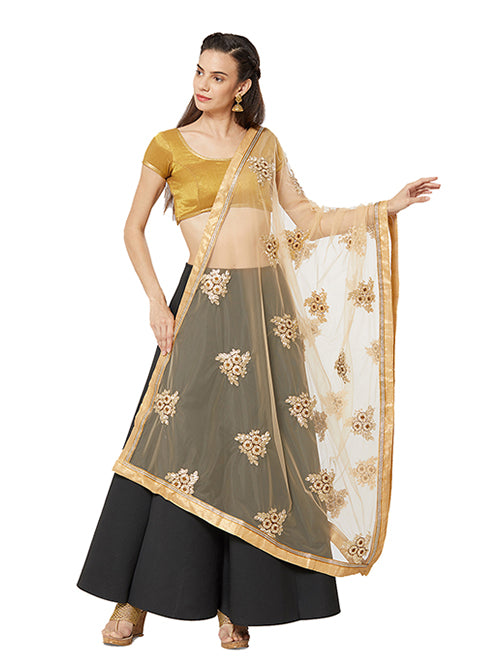 Dupatta Bazaar Woman's Net Dupatta with Copper and Gold floral Embroidery - Dupatta Bazaar