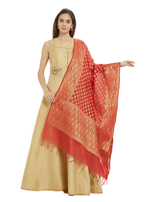 Dupatta Bazaar Woman's Red & Gold Banarasi Silk  Dupatta - Dupatta Bazaar