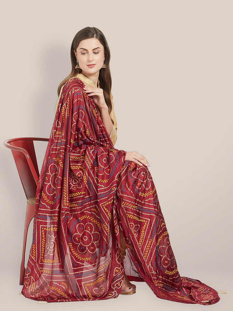 Printed Maroon Bandhini Silk dupatta freeshipping - Dupatta Bazaar