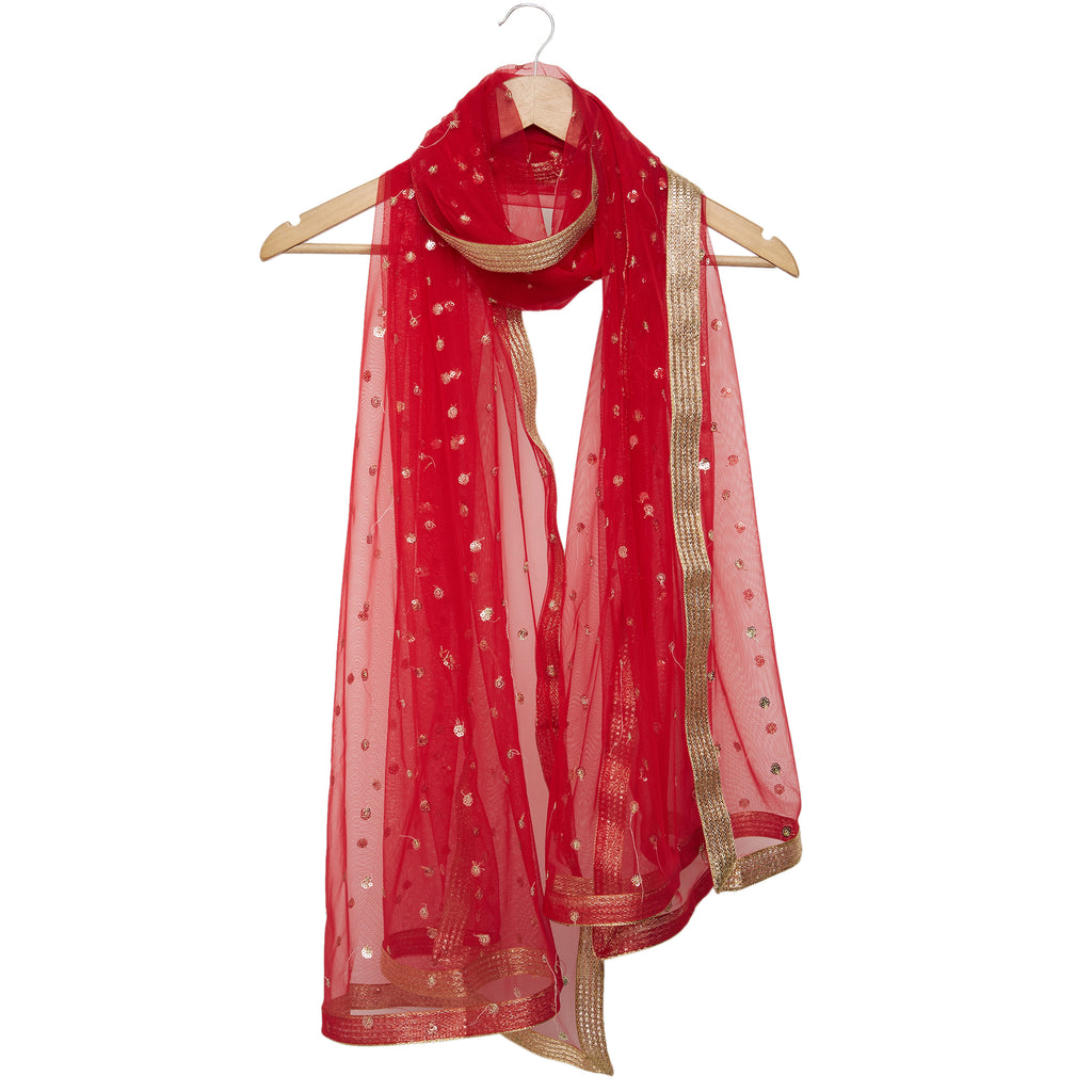 Embellished Red Net Dupatta Dupatta Bazaar