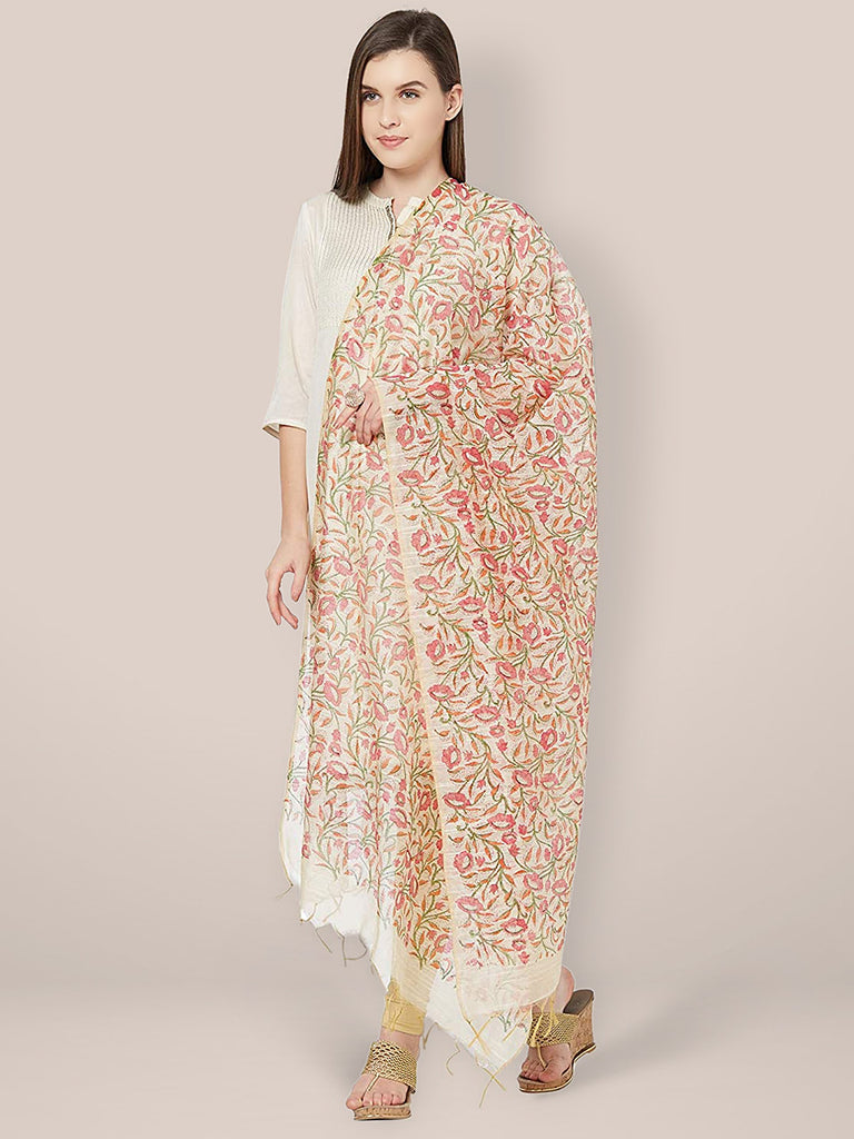 Pink Chanderi Silk Dupatta with block print. freeshipping - Dupatta Bazaar