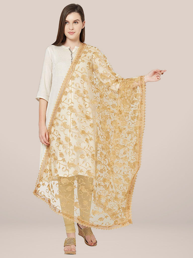 Golden Floral Embroidered Net Dupatta. freeshipping - Dupatta Bazaar