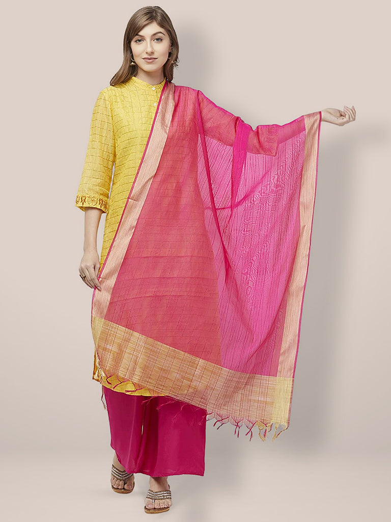 Pink Cotton Silk Dupatta with Gold Border. freeshipping - Dupatta Bazaar