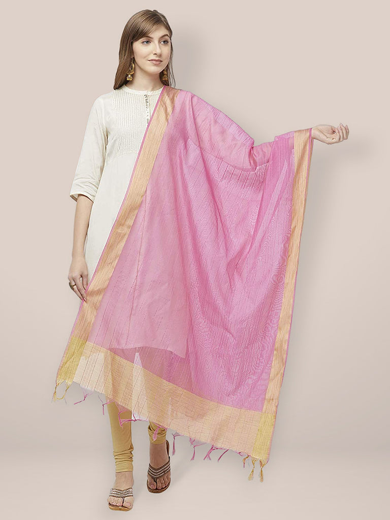 Pink Cotton Silk Dupatta with Gold Border. freeshipping - Dupatta Bazaar