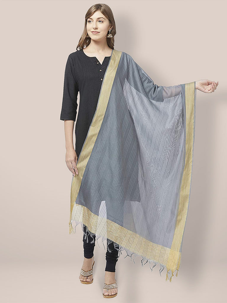 Grey Cotton Silk Dupatta with Gold Border. freeshipping - Dupatta Bazaar