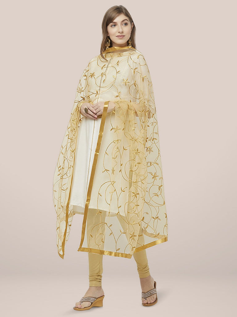Floral Embroidered Gold Net Dupatta freeshipping - Dupatta Bazaar