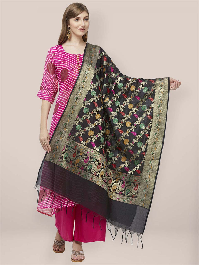 Dupatta Bazaar Woman's Woven Black Banarasi Silk Dupatta freeshipping - Dupatta Bazaar