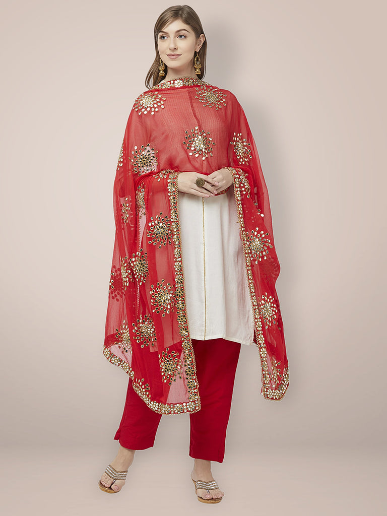 Embellished Red Chiffon Dupatta. freeshipping - Dupatta Bazaar