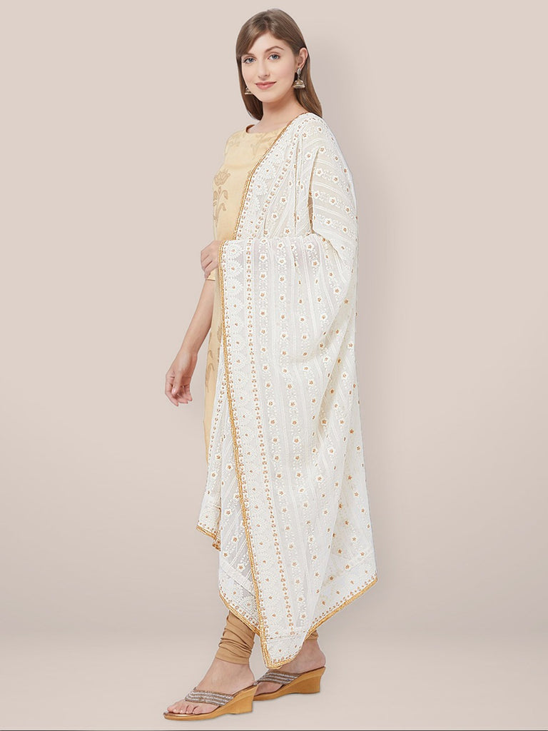 Off White Georgette Dupatta with Lucknowi Embroidery. freeshipping - Dupatta Bazaar