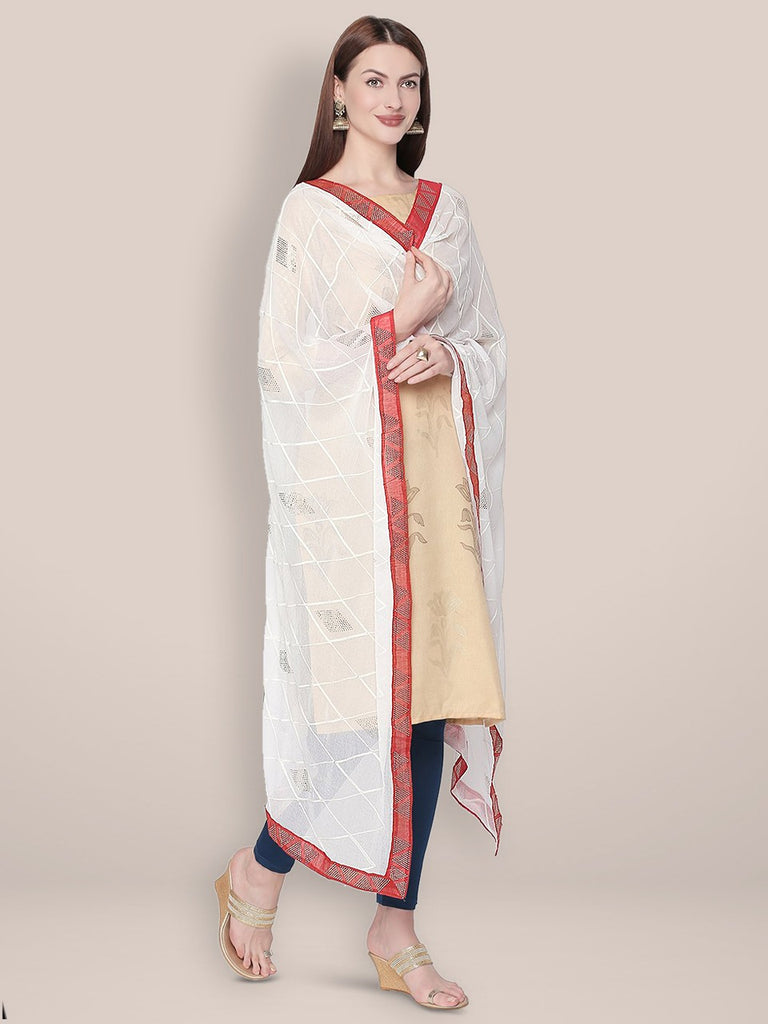 White & Red Chiffon dupatta with Embroidery & Baadla Work. freeshipping - Dupatta Bazaar