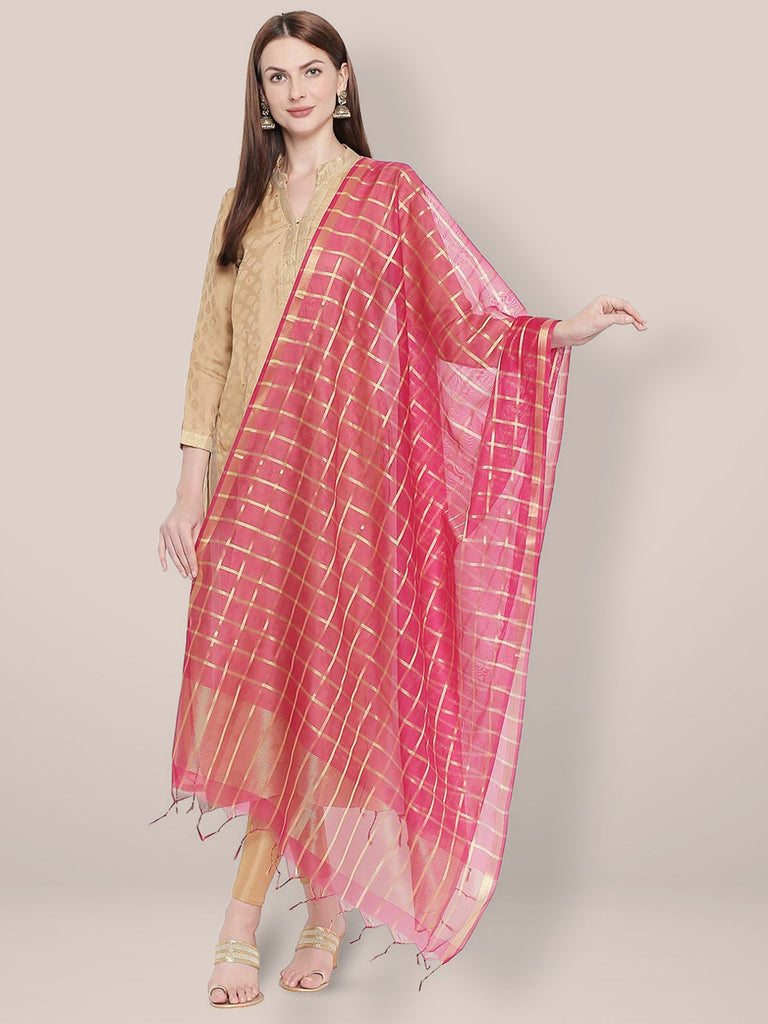 Checkered Pink & Gold Blended Silk Dupatta. freeshipping - Dupatta Bazaar