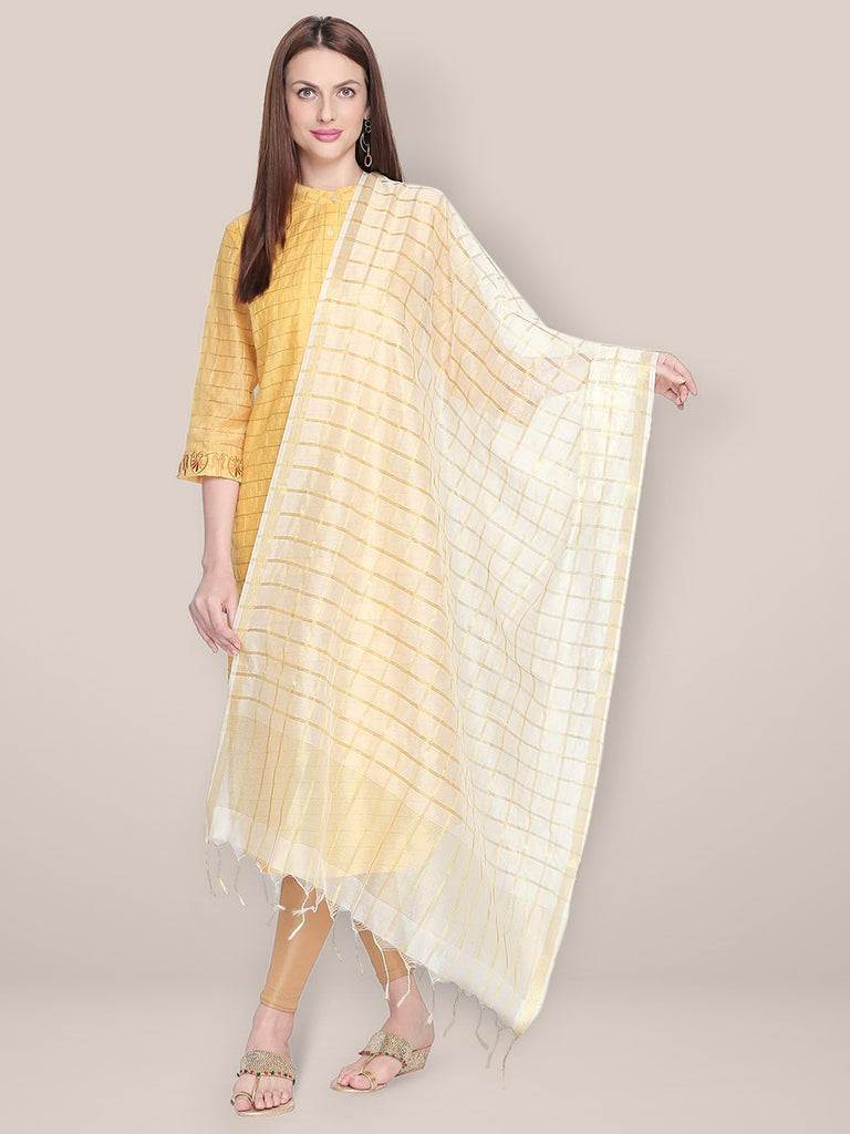 Checkered White & Gold Blended Silk Dupatta. freeshipping - Dupatta Bazaar