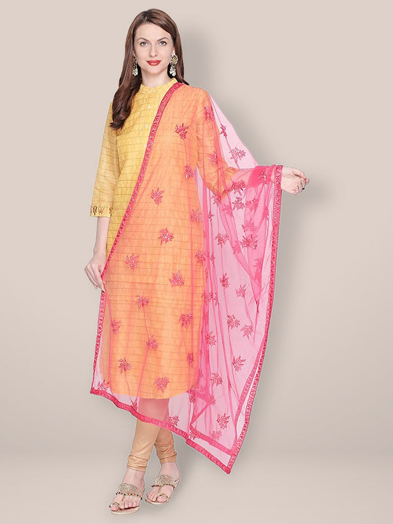 Embroidered Pink Net Dupatta. freeshipping - Dupatta Bazaar