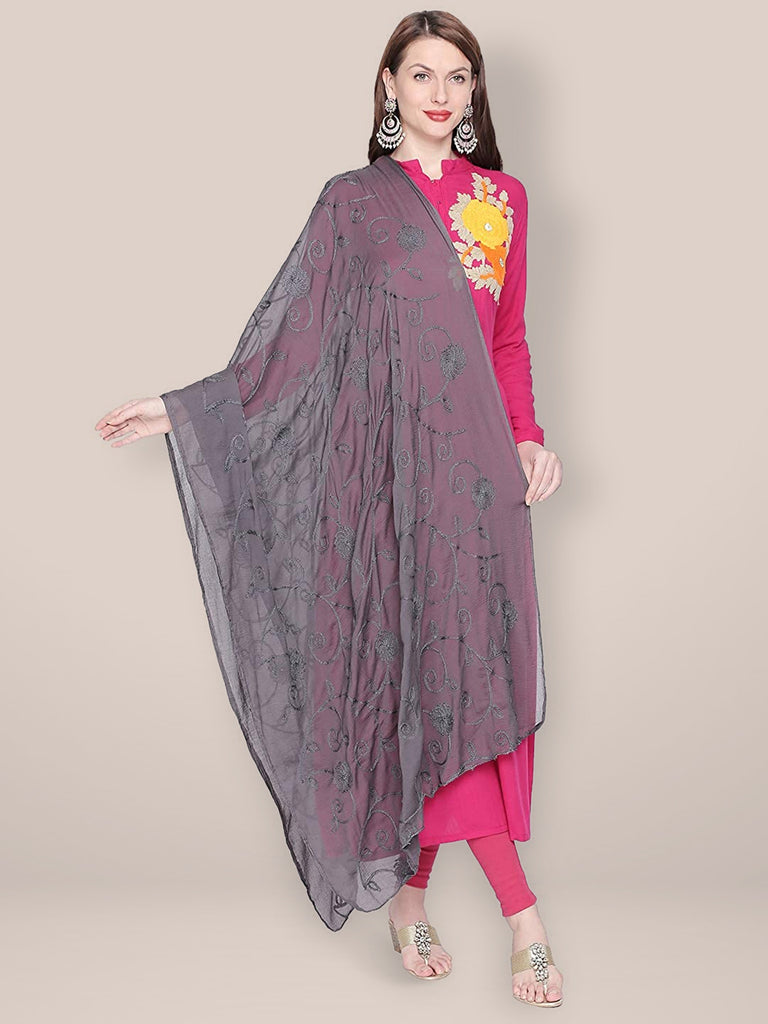 Embroidered Grey Chiffon Dupatta. freeshipping - Dupatta Bazaar