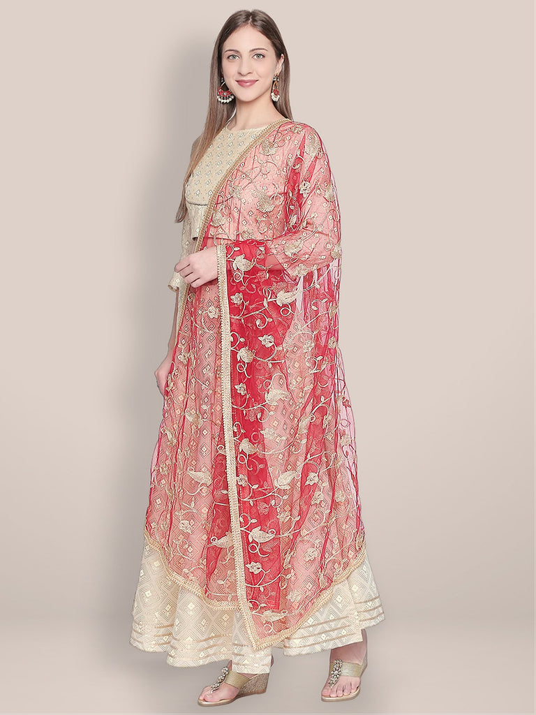 Embroidered Red & Gold Net Dupatta. freeshipping - Dupatta Bazaar
