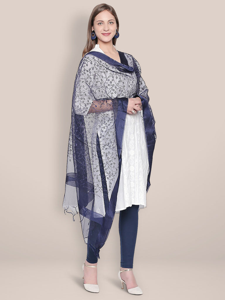 Embroidered Navy Blue Organza Dupatta freeshipping - Dupatta Bazaar