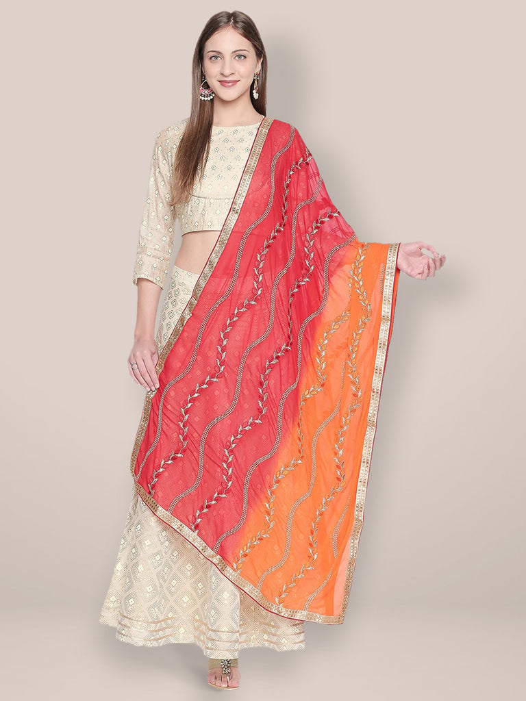 Embroidered Red and Orange Chiffon Dupatta. freeshipping - Dupatta Bazaar