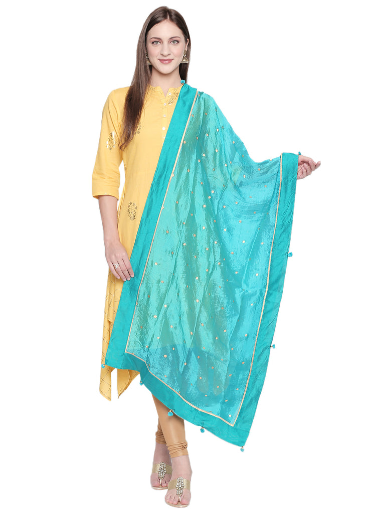 Dupatta Bazaar Woman's Printed Turquoise Blue and Gold Art Silk Dupatta. - Dupatta Bazaar