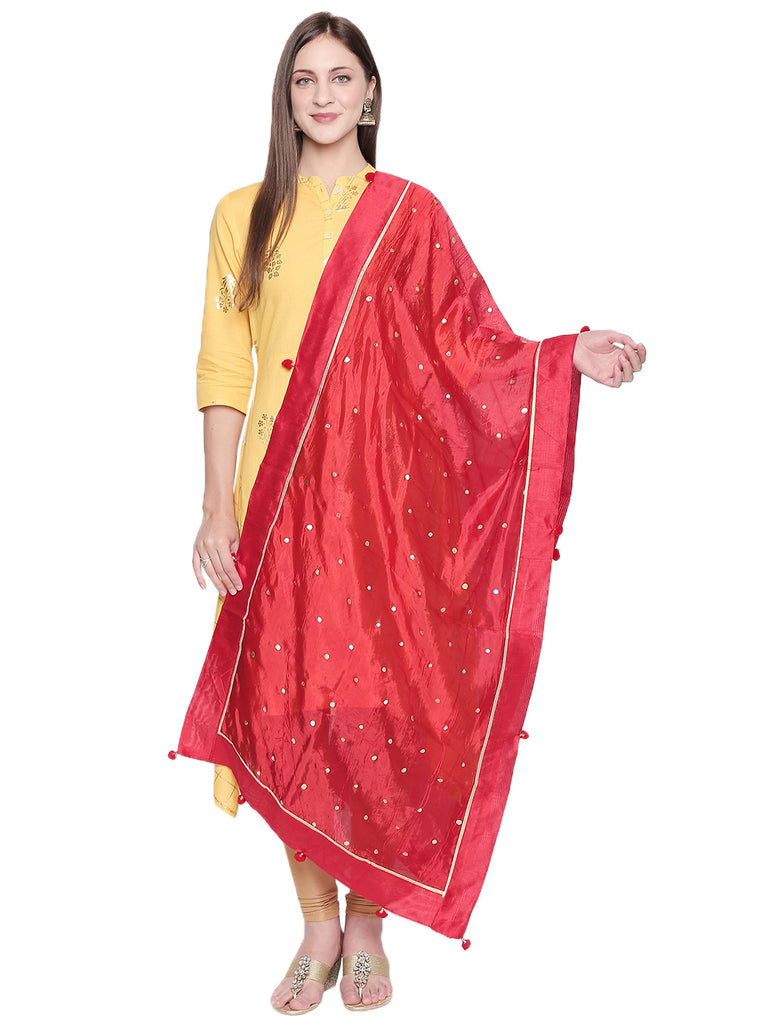 Dupatta Bazaar Woman's Printed Red and Gold Art Silk Dupatta. - Dupatta Bazaar