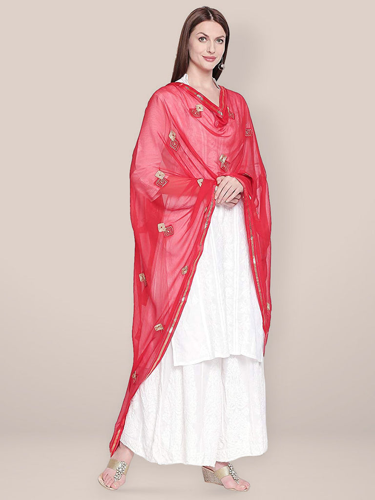 Embroidered Red Chiffon Dupatta freeshipping - Dupatta Bazaar