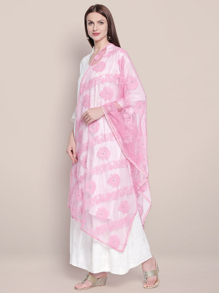 Lucknowi Embroidered Baby Pink Net Dupatta freeshipping - Dupatta Bazaar